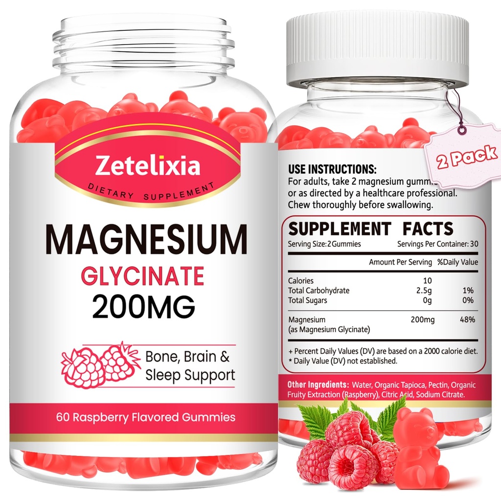 Magnesium Glycinate Gummies, High Absorption Magnesium Glycinate Suplementos para la relajación, cerdas de magnesio para adultos y niños, Raspberry Flavor 120 Conde
