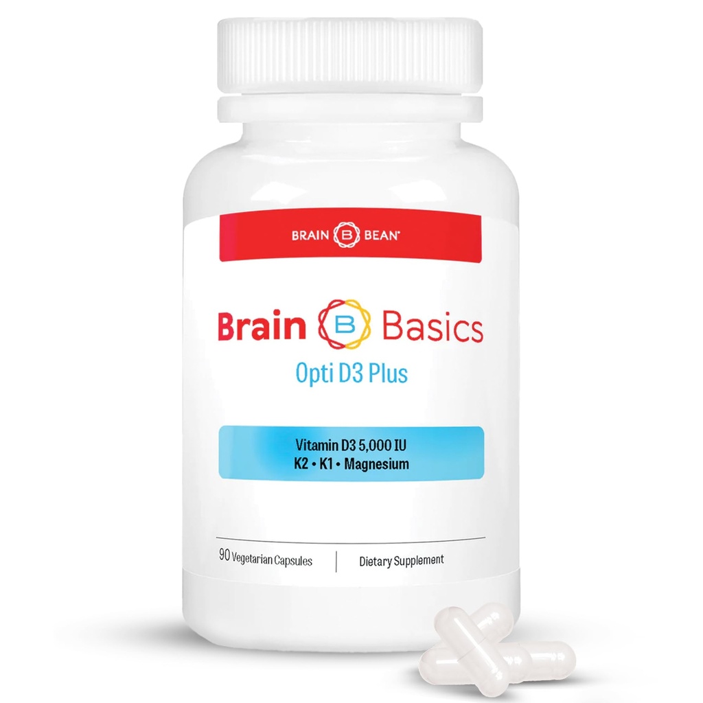Brain Basic Opti D3 Plus - Vitamina D3 5000 UI con K1, K2, y Magnesio - Suplemento de Apoyo al Cerebro para Mood, Mente, Memoria - Hueso, Musculo y Salud Inmune - Gluten Free, Soy Free y Dairy Free
