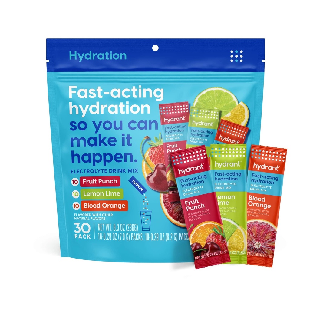 Hydrant - Hydration Powder Variety Pack, 30 paquetes de rehidratación electrolítica instantánea individuales - Mezcla de bajo consumo de azúcar para uso diario, viajes " ejercicios