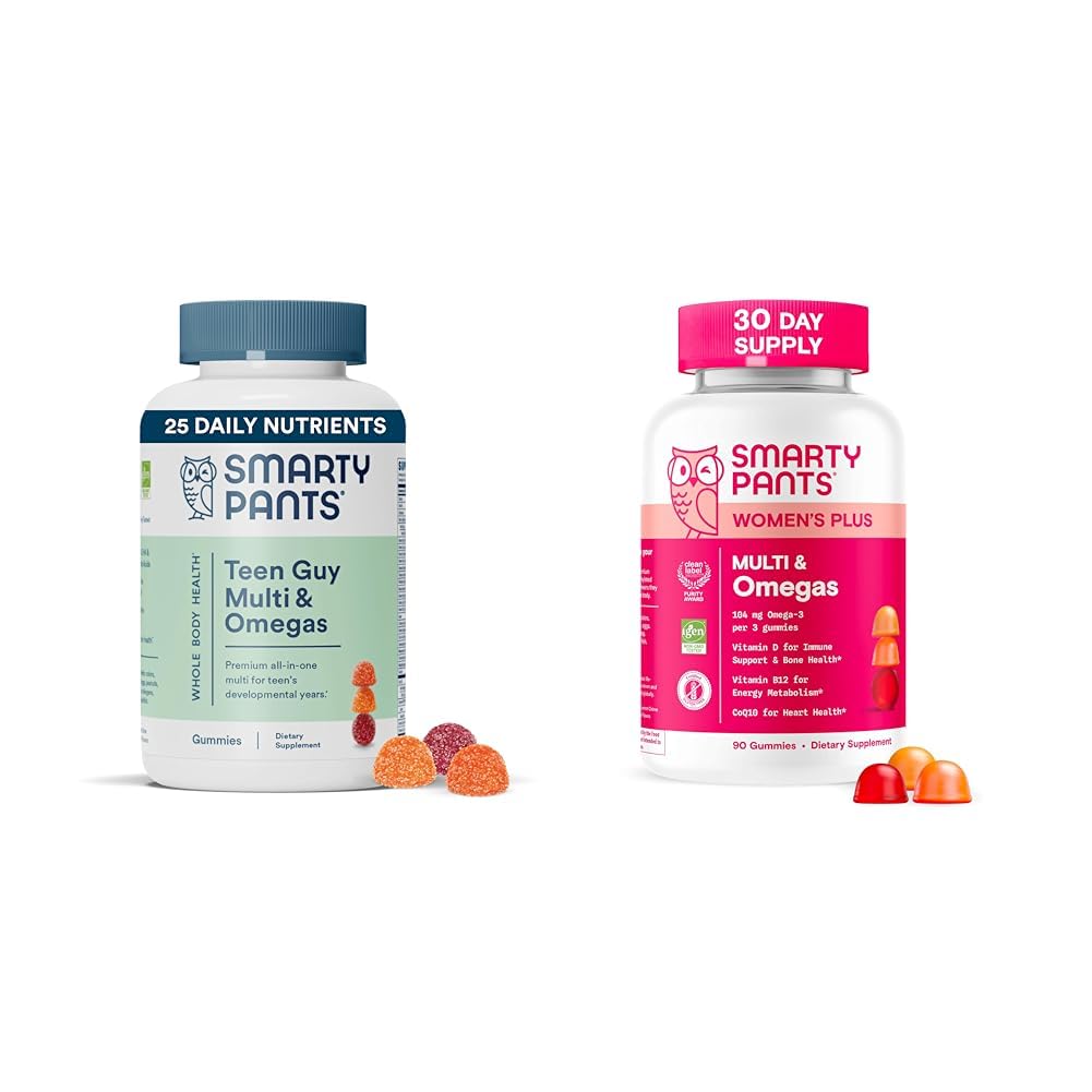 SmartyPants Women's and Teen Guy Multivitamin Gummies Bundle: Omega 3 (DHA/EPA), Methylfolate, CoQ10, Vitamina D3, C, Vitamina B12, B6, Vitamina A, K & Zinc, Gluten Free (30 Day Supply)