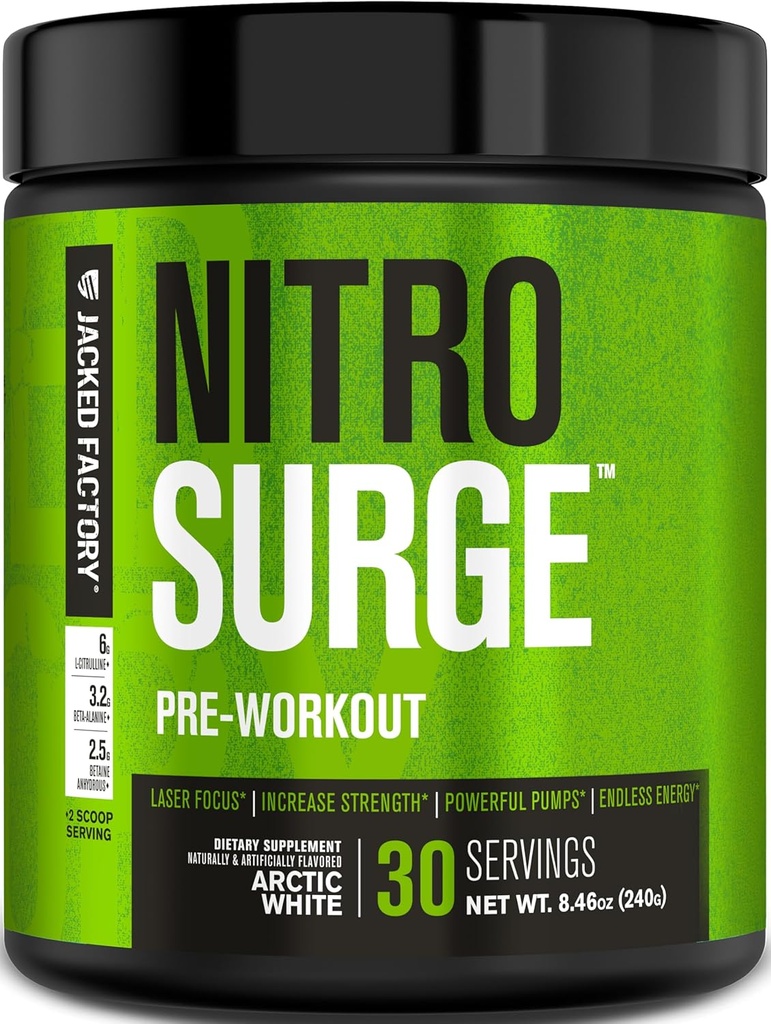 Fábrica de Jacked NITROSURGE Pre Workout Supplement - Endless Energy, Instant Strength Gains, Clear Focus, Intense Pumps - NO Booster & Powerful Preworkout Energy Powder - 30 Servings, Arctic White