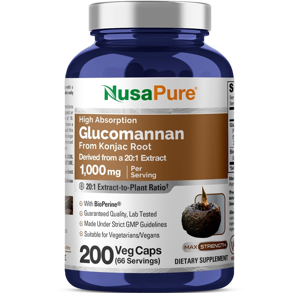 NusaPure Glucomannan 1000 mg por Serving 200 Veg Caps (BioPerine, Non-GMO, Vegan) Konjac Root