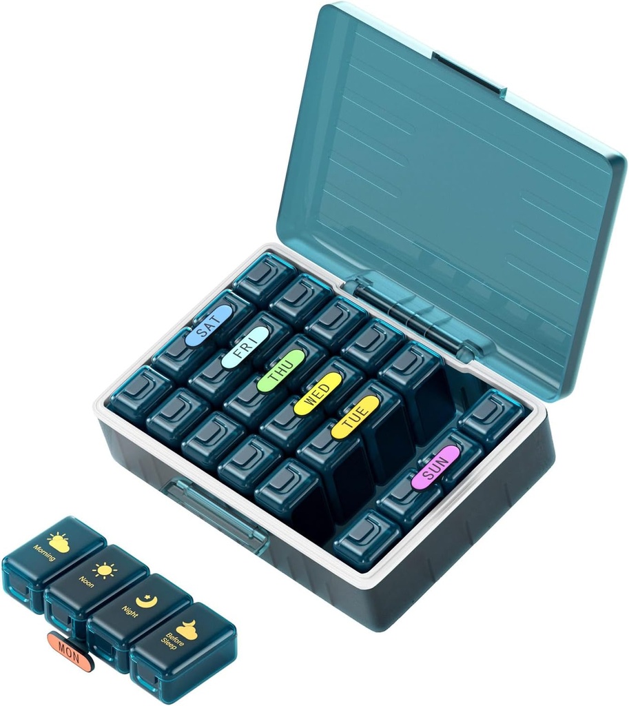 Organizador semanal de píldoras 4 veces al día, Grandes Compartimientos Pill Box 4X 7 Día, Medicina Organizador Pill Case for Pills/Vitamins/Fish Oils/Medication/Supplements (4x7 Blue)