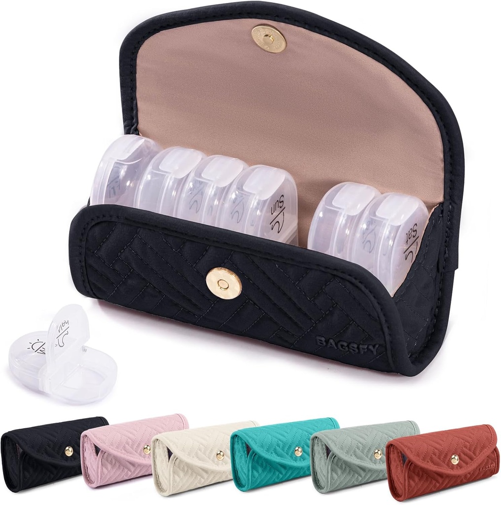 BAGSFY Organizador semanal de píldoras 2 veces al día en un lindo caso de tela, bolsa de medicina, AM PM caja de píldoras 7 días, caja de viaje de medicamentos portátiles para píldoras, vitaminas, aceites de pescado, suplementos.