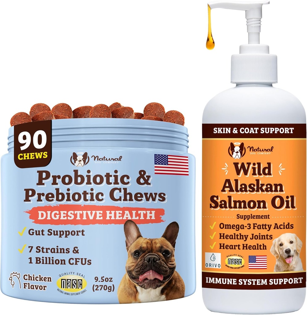 Natural Dog Company Wild Alaskan Salmon Oil " Probiotic Chews for Dogs Bundle: Salmon Oil " Probiotics - Healthy Skin and Coat and Digestive Health Combo for Dogs of All Breeds and Sizes