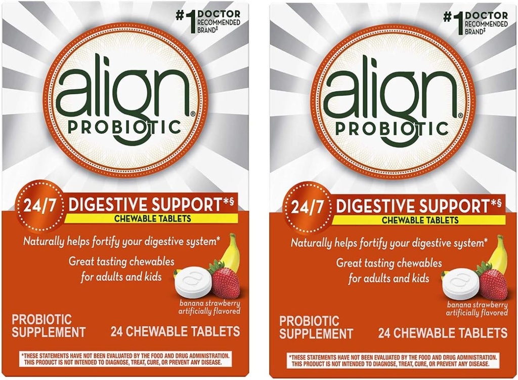 Align Probiotic Supplement Chewable Tablets Banana Strawberry Smoothie - 24 ct, Pack de 2