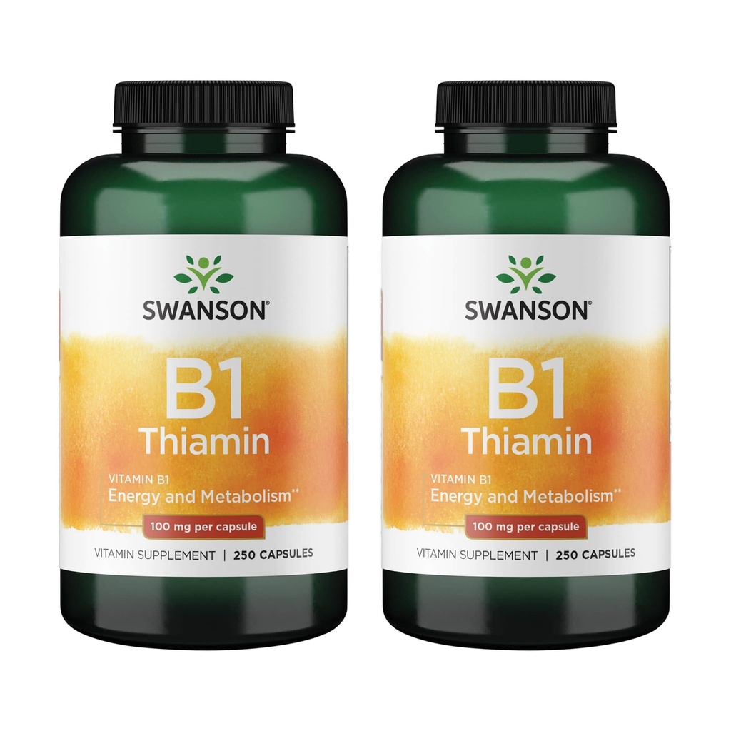Swanson Vitamina B1 (Thiamin) - promueve el metabolismo saludable y proporciona apoyo energético - Suplemento natural de vitaminas Apoyo Optimum función celular nerviosa - (250 cápsulas, 100 mg cada uno) (2 Pack)
