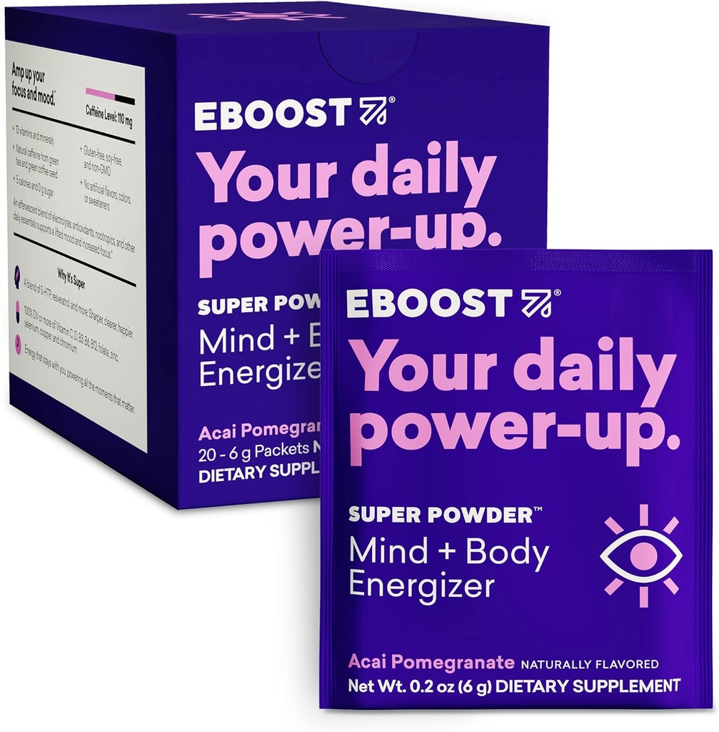 EBOOST Super Energy Powder Drink Mix, Non-GMO Suplemento de electrolito cargado con vitaminas (Acai granate), 0,2 onzas (Pack of 20)