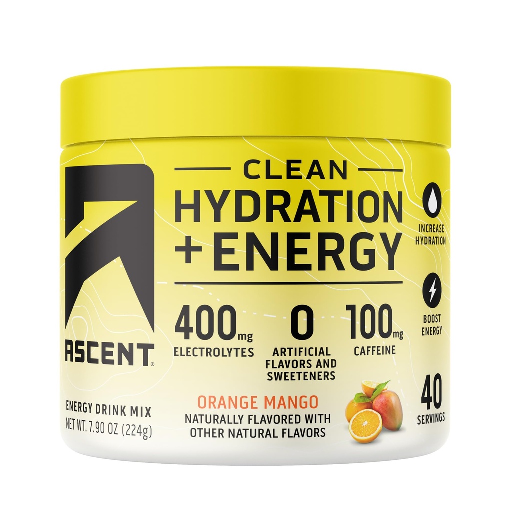 Ascent Clean Hydration + Energy Electrolytes Powder - 100mg Caffeine, 400mg Electrolytes, Sin ingredientes artificiales, Orange Mango 40 Servings