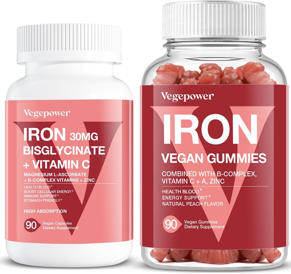 Gummies de hierro vegano + Bisglycinate de hierro 30MG ← Vegan Iron Suplemento Apoyo para la Energía Sanitaria y Diaria para Adultos & Niños - 180 Conde