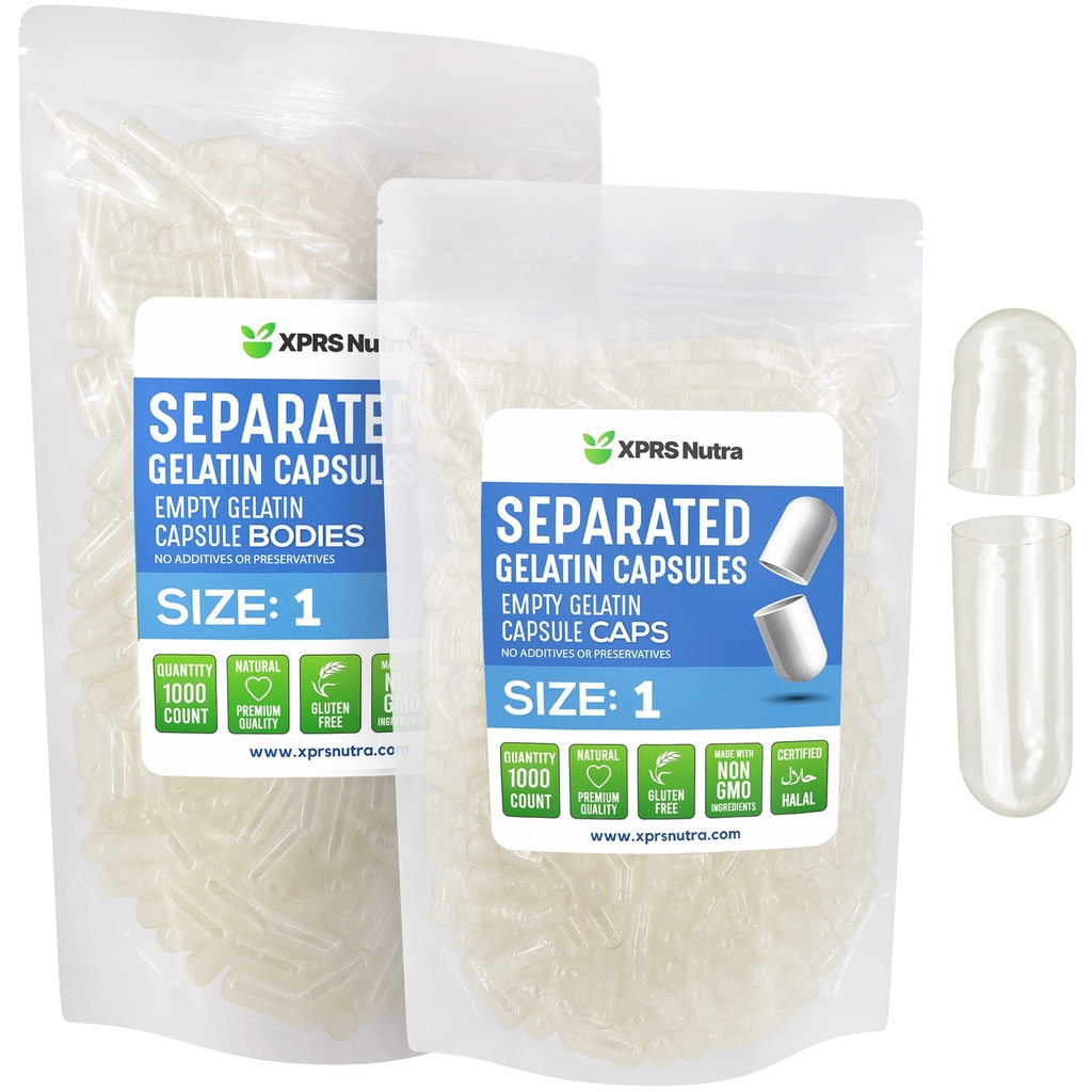 XPRS Nutra Tamaño 1 Gelatina Cápsulas separadas - 1000 Conde Cápsulas vacías Separadas en bolsas - Píldoras vacías para DIY Do-It-youself Suplemento relleno
