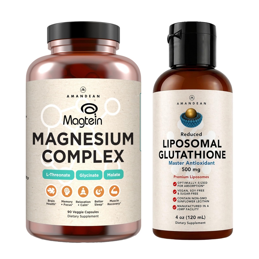 AMANDEAN Premium Liposomal Glutathione &amp; Magnesium Complex Bundle. Antioxidante. Setria líquido. Threonate de Magnesio de alta absorción, Glycinate & Malate. Brain &amp; Liver Health. Memoria, Focus " Sleep