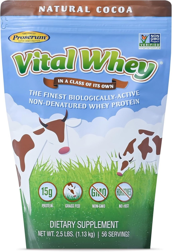 [BRSWI2QBOQGQ2FDC] Polvo de proteína de grano para la vitalidad inmune, Cocoa natural 2.5lbs (56 Servings), 15g Protein Per Serve, Vital Whey, Holístico limpio, Wellness Nutrition