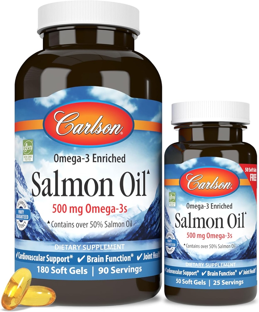 [BRSWIYYFAV5G2FTA] Carlson - Norwegian Salmon Oil, 500 mg Omega-3, Norwegian Salmon Oil Supplement, Wild Caught Omega 3 Salmon Oil Capsules, Fuente sostenible, Brain, Heart & Joint Health, 180+50 Softgels