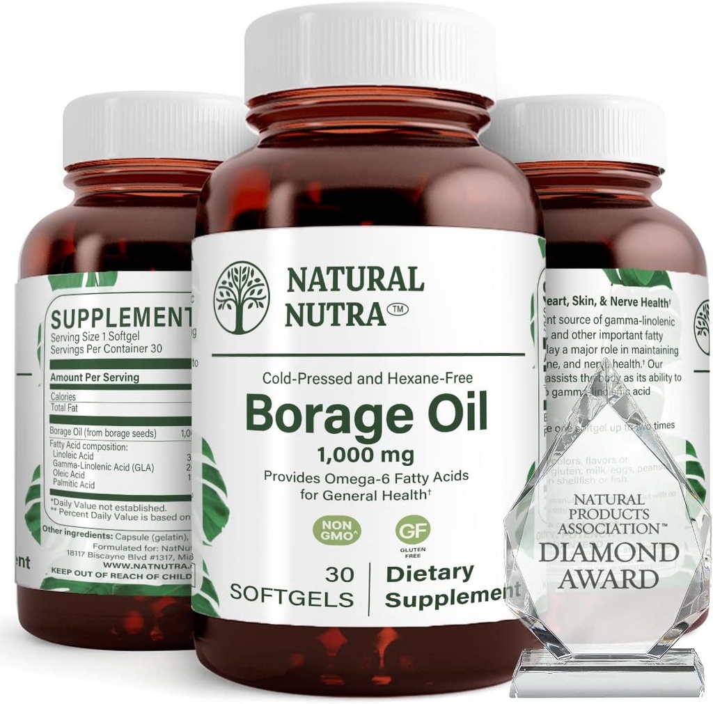 [BRSWGEI3CQDQGFYZ] Natural Nutra Borage Oil, Mantener la salud de la piel, Apoyar la salud del corazón, Mejora la salud del nervio, Ayuda a reducir la espinilla, Ayuda el dolor conjunto, Omega 6 ácidos grasos esenciales Suplemento 30 geles blandos.