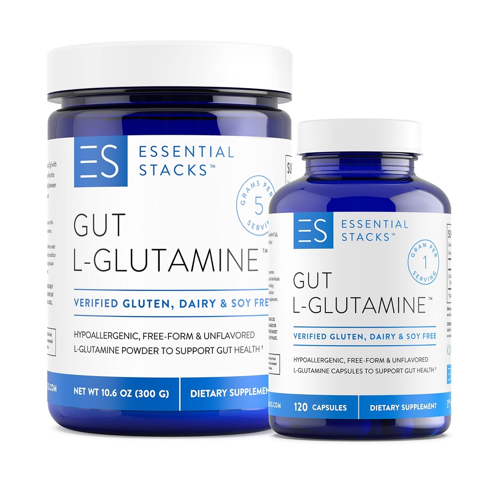 Estacas esenciales L-Glutamina Home " Away Bundle - L Glutamine Powder " Capsules