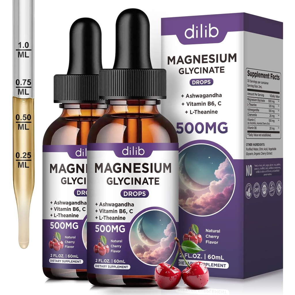 (2 Pack) Magnesium Glycinate Liquid Drops 500mg, con Vitamina B6, Ashwagandha, L - Theanine, Chamomile, Magnesium Glycinate Suplemento Alta Absorción para el sueño, estrés, energía Mood - Cherry Flavor