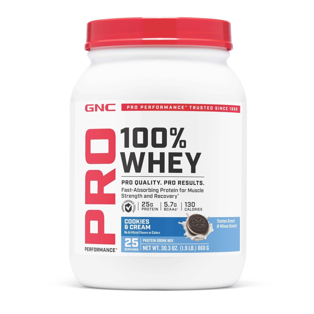 GNC Pro Performance 100% Whey Protein Powder 2.0, Fast Absorbing for Muscle Strength and Recovery, Cookies y Crema, 25 Servimientos