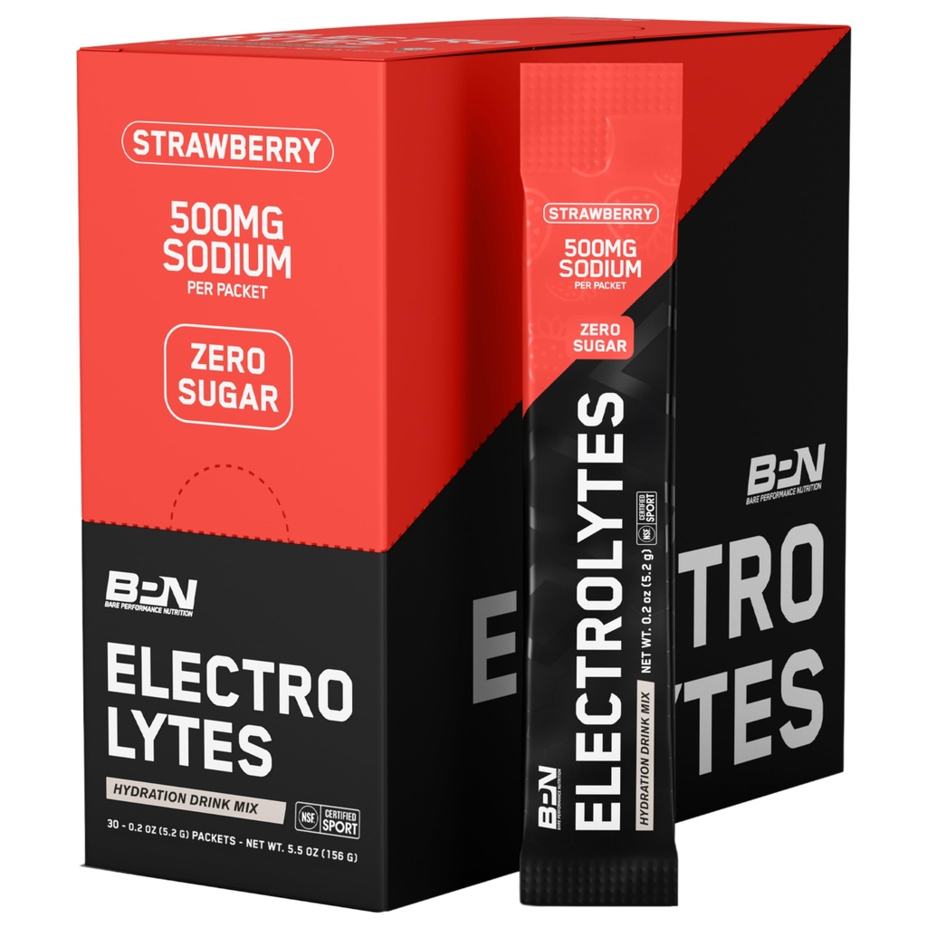 BARE PERFORMANCE NUTRITION BPN Electrolytes Go Packs Hydration Drink Mix ¦ Sugar Free Electrolyte Powder TEN 500mg Sodium per Serving TEN Naturally Sweetened TEN Strawberry 30 Servings