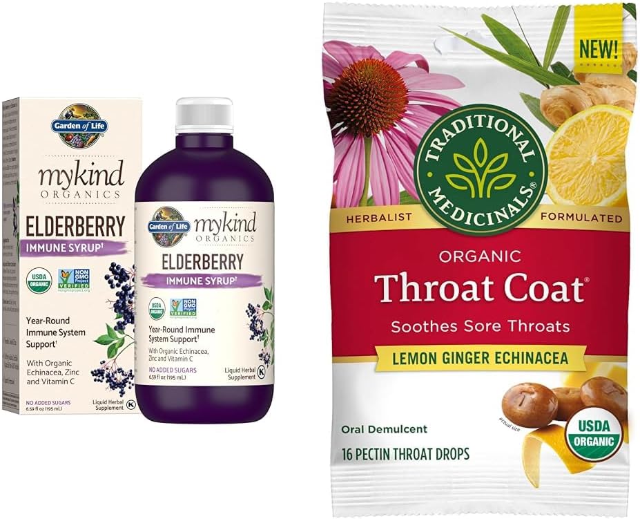 Jardín de la Vida Orgánicas Elderberry con base vegetal Syrup 6.59 fl oz " Medicinal Tradicional Gargantillas de garganta Pectina orgánica, Lemon Ginger Echinacea, Soothes Sore Throats, 16ct.