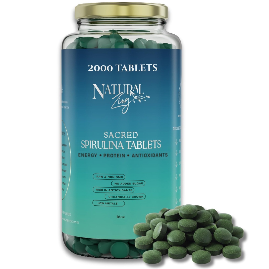 Natural Zing 100% Pura Spirulina (Raw, Orgánica) ←1000 16oz Polvo, Tabletas ← Vegan Protein ← Phycocianin ← Beta Carotene