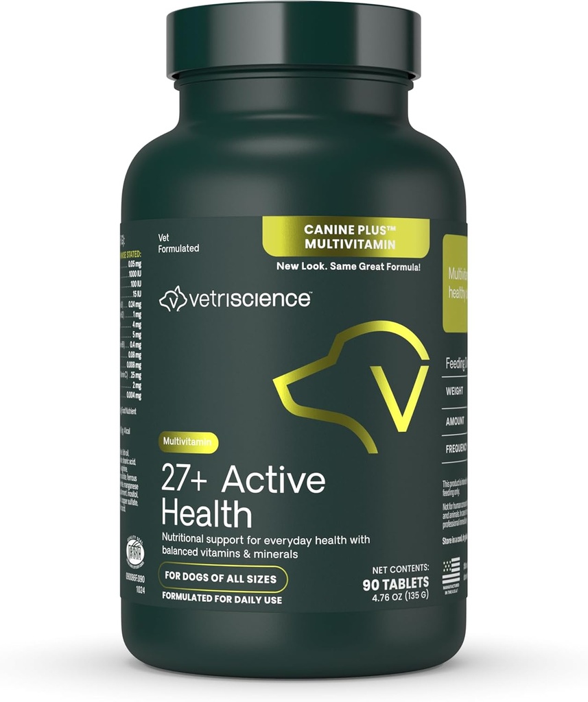 [BRSWKFQTCEEACGDC] VetriScience 27+ Tablas de salud activas, Canine Plus Multivitamínico diario para cachorros y perros adultos, vitaminas equilibradas, minerales y antioxidantes, Salud y Bienestar, Pato, 90 Cuenta