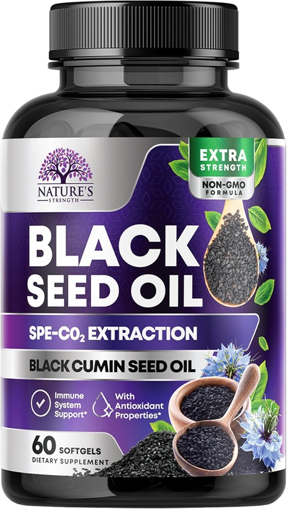 [BRSW2AYRCR7AOFAU] Black Seed Oil Capsules 1000mg con Thymoquinone - Puro Nigella Sativa para la salud de la piel & soporte de inmune, 100% aceite de color negro, increíble extracción por encima de la semilla de comino negro prensado frío - 60 Softgels