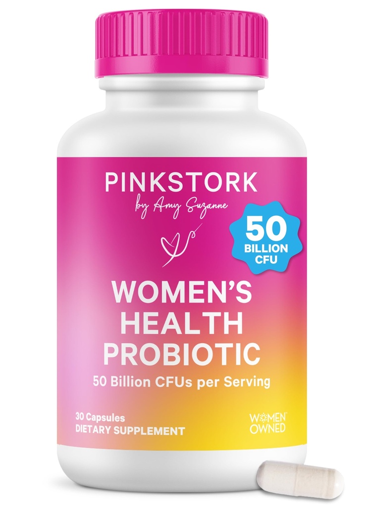 Pink Stork Women’s Health Probiotic, 50 Billion CFU ← Probióticos estudiados clínicamente ← Vaginal, Gut, Mood, &amp; Hormon Balance ← Yeast & Odor Support ← Probiótico y Prebiótico Blend ← 30 Vegan Capsules