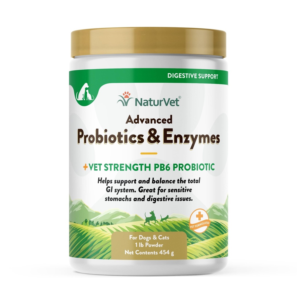 NaturVet – Probióticos avanzados " Enzymes - Plus Vet Strength PB6 Probiótico  tolera Apoyos y equilibrios Pets with Sensitive Stomachs " Digestive Issues  durable for Dogs & Cats (1 lb)