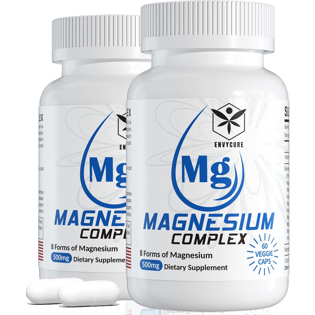 Suplemento Complejo de Magnesio 8 Formas, 500 mg Magnesium Glycinate, Malate, Citrate, High Absorption Mg for Calm, Sleep, Mood &amp; Healthy Muscle, Pack of 2, Total 120 Vegan Capsules