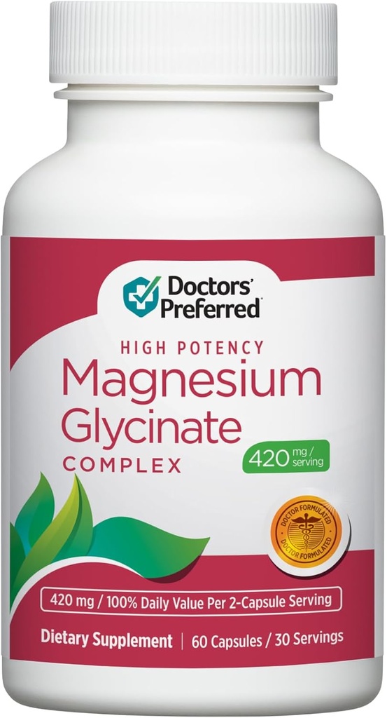 DOCTORS PREFERADO High Potency Magnesium Glycinate Complex- Doctor-Developed Formula for Heart Health, Mood Support and More ← 420 mg per Serving Ø 30-Day Supply