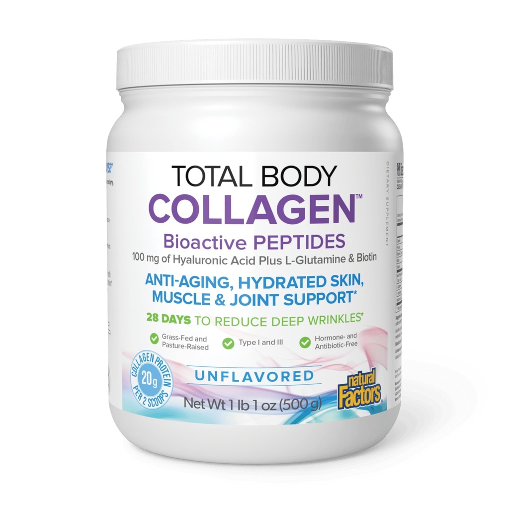 Factores naturales Colágeno total del cuerpo - Suplemento bioactivo del colágeno para el cabello " Apoyo al crecimiento de la uñas - Suplemento saludable de la piel con proteína, vitamina C " Más - Desarrollado, 500 g (38 Servimientos)