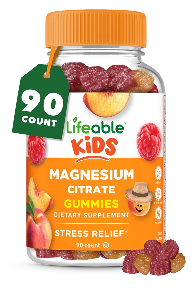 Gummies de Magnesio Lifeable para niños ← 170mg Magnesio Elemental de 1,420mg Citrate de Magnesio ← Gran Tasting Niño Magnesio Suplemento ← Muscle Support and Stress Relief Chewable TEN 90 Gummies