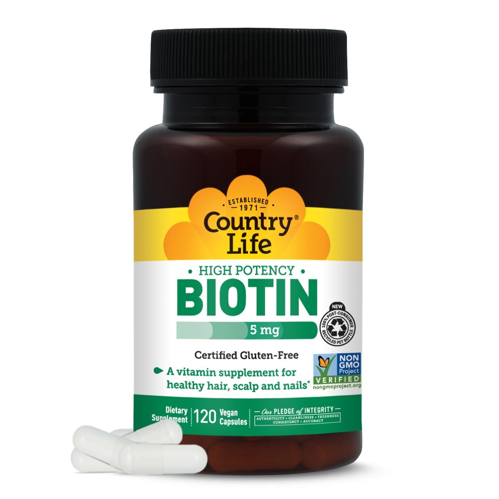 Country Life Biotin High Potency, 5mg, 120 Count, Certified Gluten Free, Certified Vegan, Verified Non GMO
