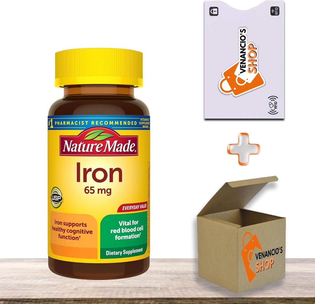 Iron 65 mg (325 mg Sulfato ferroso) Tabletas • Energía & Celular de Sangre Rojo • 150 Conde + Pegatina de Vena (Pack of 1)