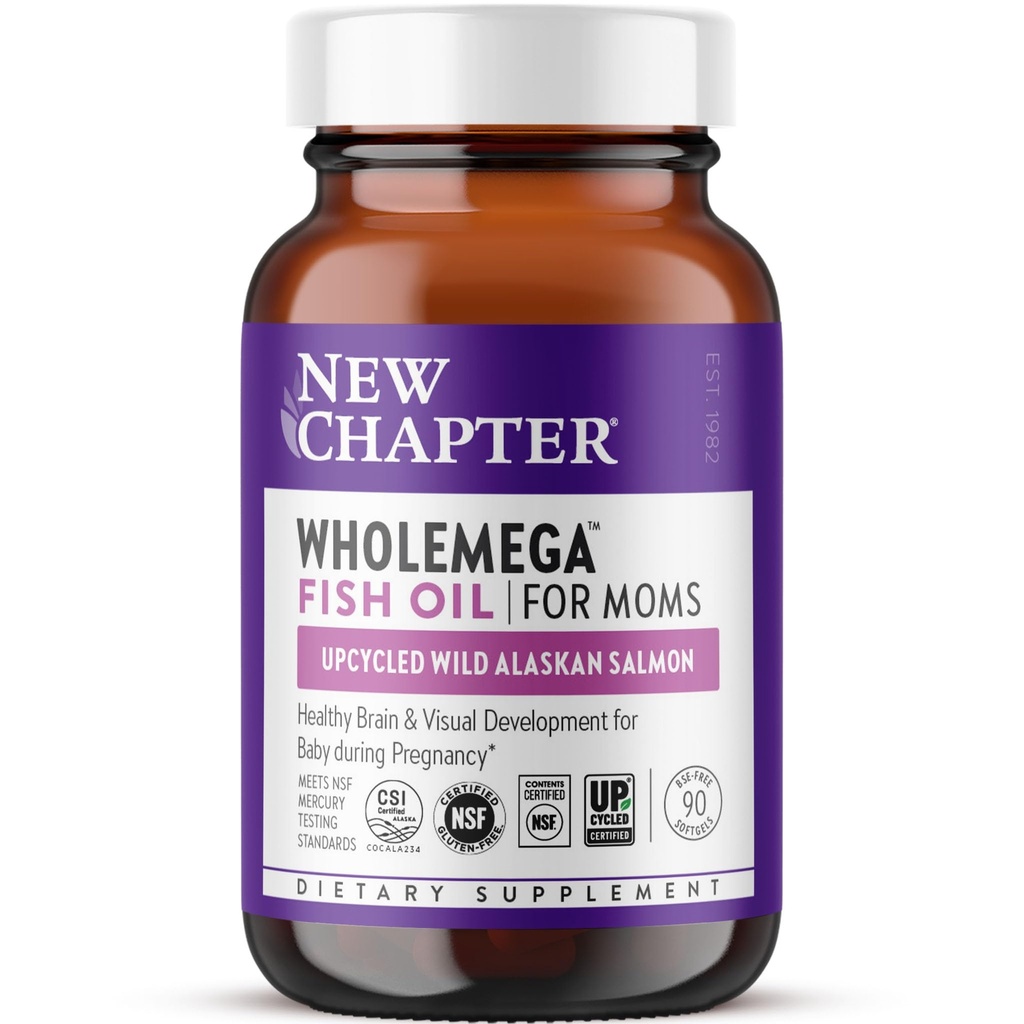 New Chapter Wholemega for Moms Fish Oil Supplement, Tiny Capsules, 2000mg per Serving, Prenatal DHA with Omega-3 + Vitamin D3 for Prenatal & Postnatal Support, 500mg Each - 90 Count