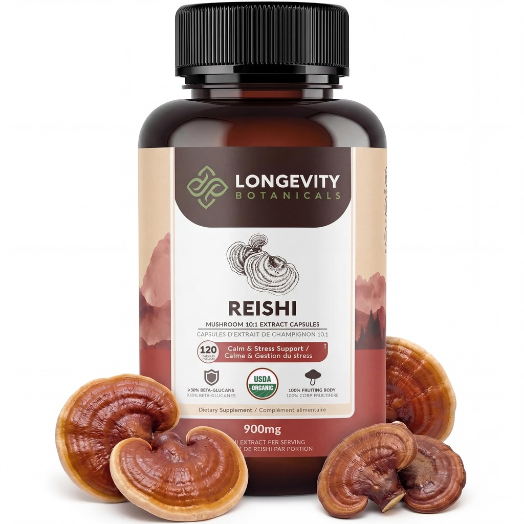 Orgánica Reishi Mushroom Capsules Suplemento (120) ← Pure Fruiting Body 10:1 High Strength Extract TEN 30% Beta-D Glucans TEN 9,000mg Raw Equivalent Por Serving TEN calma, sueño &amp; estrés