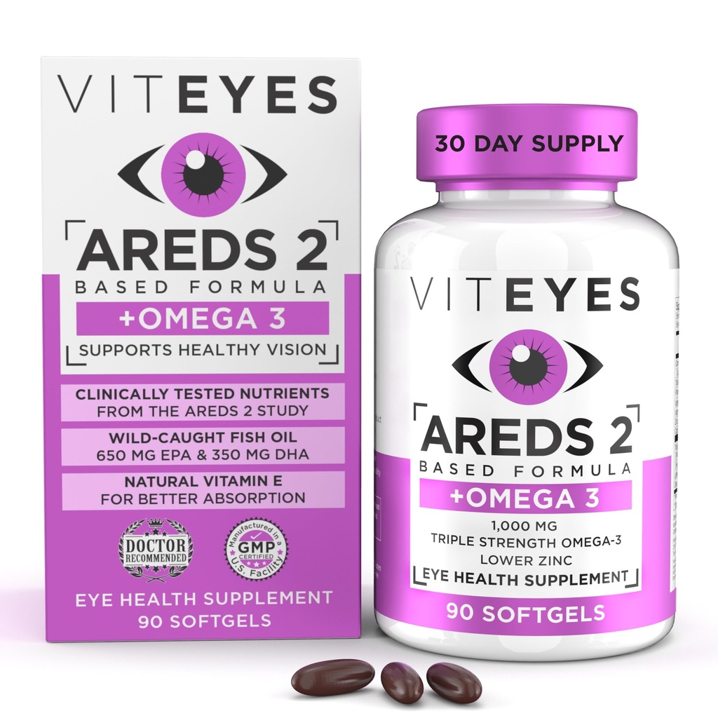 Viteyes AREDS 2 + Omega-3 Macular Health Fórmula Softgels, Triple Fuerza Omega-3 (650 mg EPA, 350 mg DHA), Salud Ocular Vitamina para Protección Visión, 90 Softgels