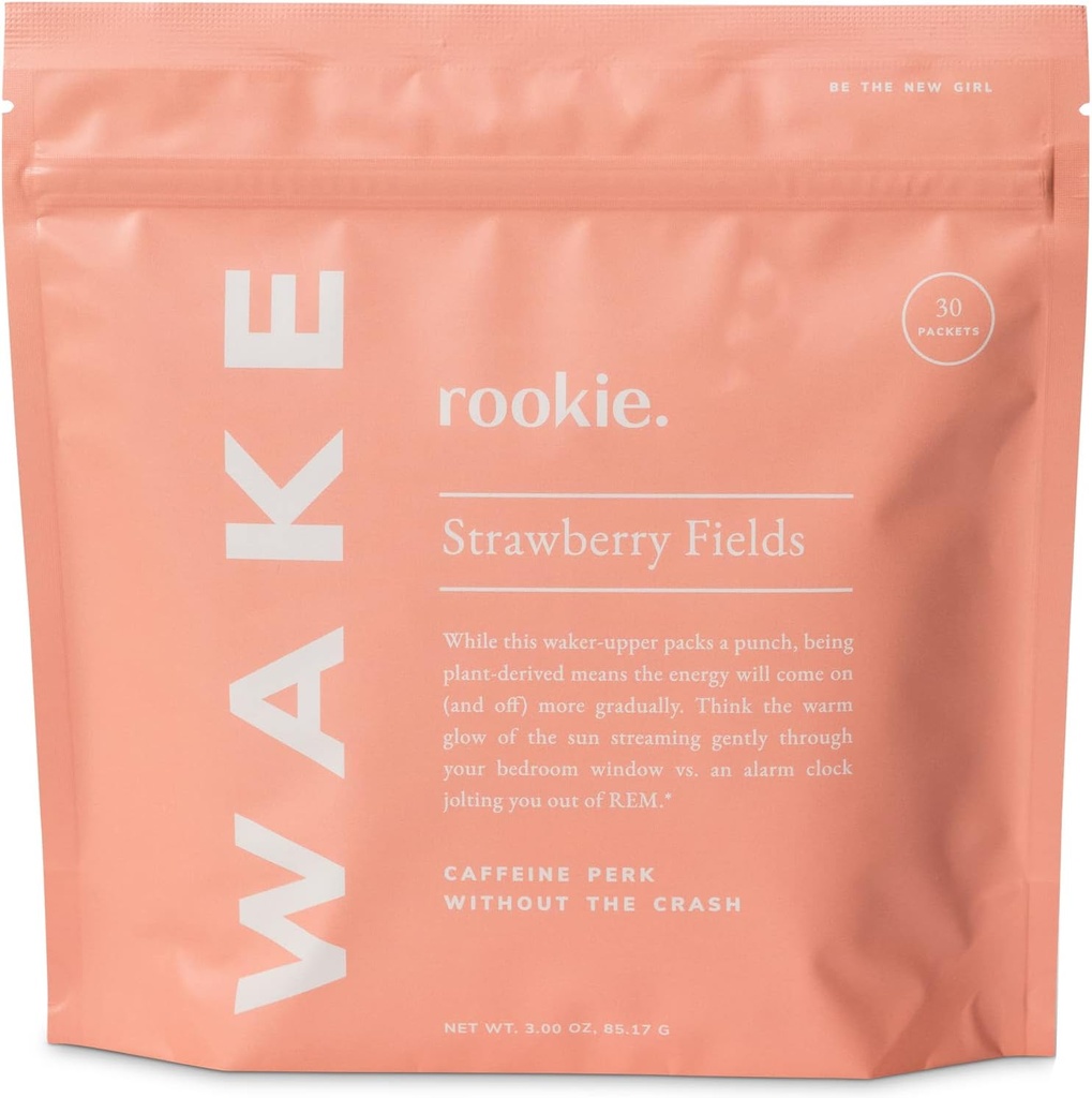 Rookie Wellness Wake - Natural Energy Drink Powder con 125 mg de cafeína de Green Tea Extract, B-Complex Vitaminas, Ashwagandha Extract, & Guarana Extract (30 Servings, Strawberry Fields)