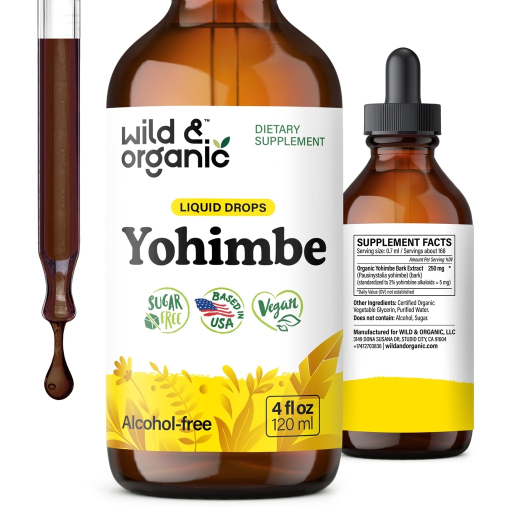Suplementos de Yohimbe salvajes y orgánicos para hombres y mujeres - 5 mg de Yohimbine Extracto Tintura - Alcohol-Free Yohimbe Bark Drops - Vegan, No GMO &amp; Libre de Azúcar - 4 fl oz