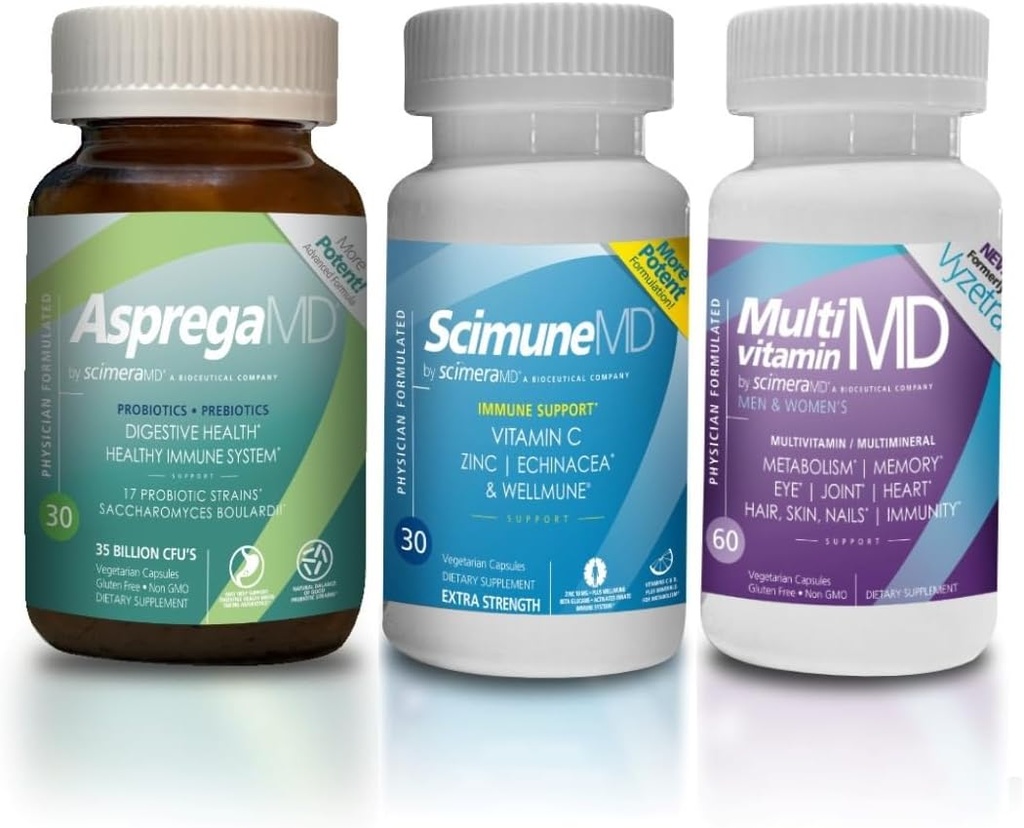ScimeraMD® AspregaMD 30CT Probiotic + Prebiotic, ScimeraMD® ScimuneMD 30CT Immune Support and ScimeraMD® MultivitaminMD Multiminerals for Digestive Health, Immune System Support and Wellness Support