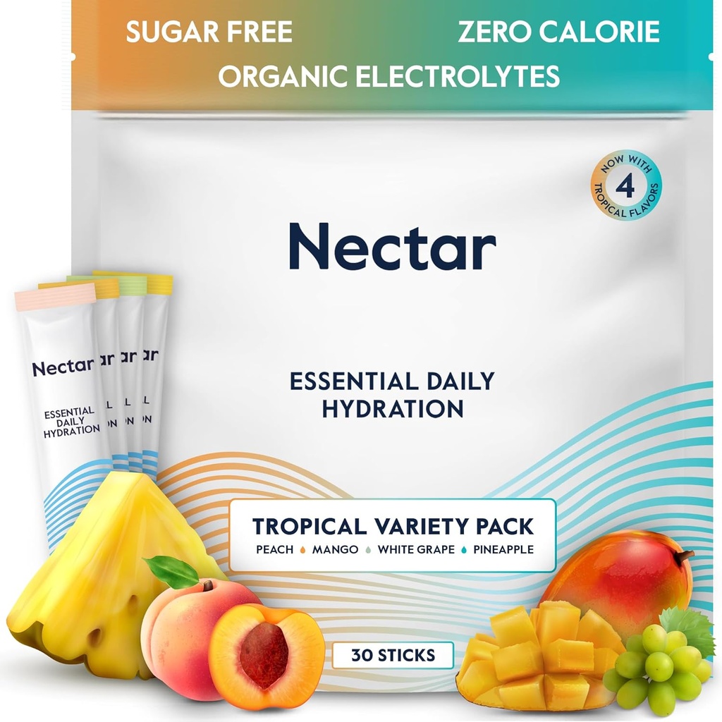 Nectar Hydration Packets - Electrolytes Powder Packets - Sugar Free & 0 Calorie - Organic Fruit Liquid Daily IV Electrolytes Powder for Dehydration Relief & Rehydration (Tropical Variety 30 Pack)