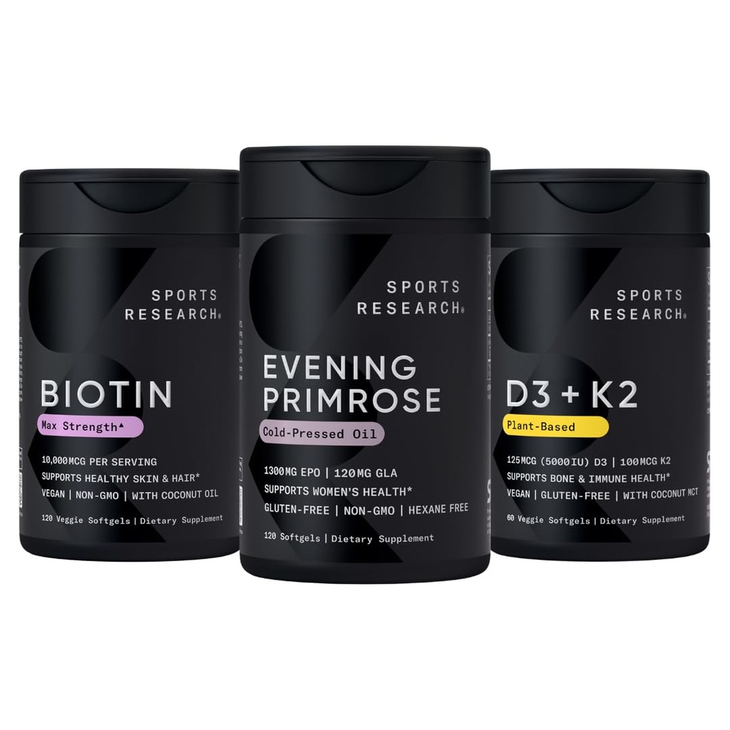Investigación Deportiva Vegan Biotina 10.000mcg con aceite de coco, Primrose de noche Suplemento de aceite prensado frío y vitamina vegetal K2 MK7 + Vegan D3 5000iu