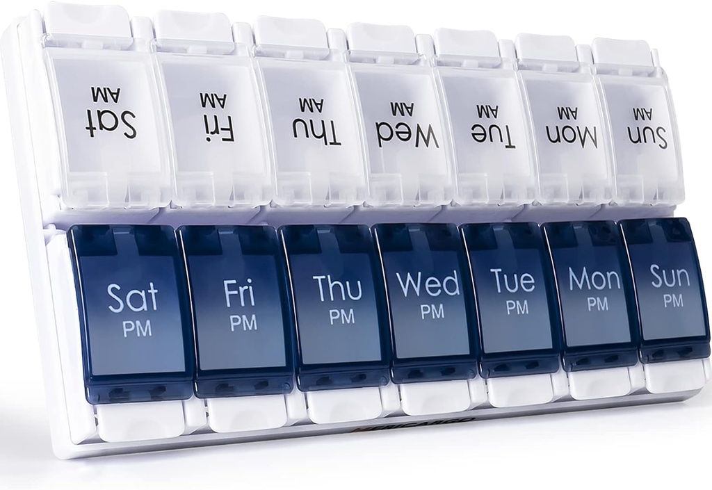 MERICARGO Am Pm Pill Organizer 7 Day, 2 Times a Day Large Weekly Pill Box, Push Button Caja de píldoras diarias para vitamina, aceite de pescado, suplementos