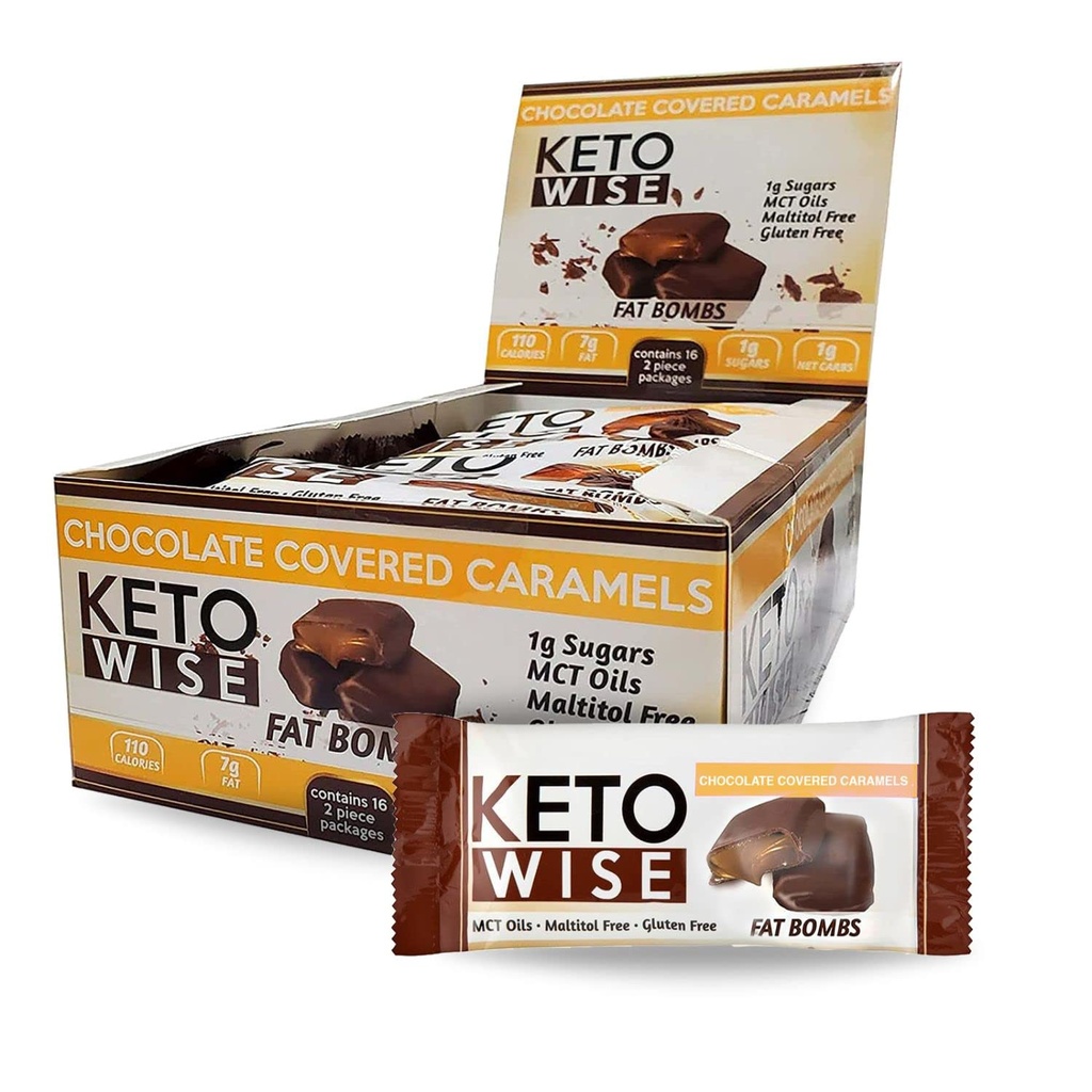 Keto Wise Fat Bombs - Hecho con chocolate que contiene aceite MCT - Bajo grasa, bajo carbohidrato y Keto Friendly Snack - 8g Fat, 2g Net Carbs ¦ Chocolate Covered Caramels, 2 Conde (Pack of 16)