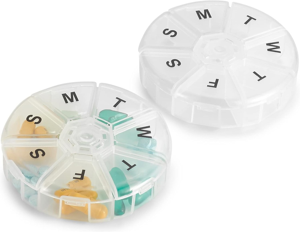 Organizador semanal de píldoras - (Pack of 2) 7 Day Pills Container, Round Medicine Organizer Box, Caja de Recordatorio de Píldoras de la semana diaria Travel Friendly, Vitamina sin BPA, Suplemento, Aceite de pescado, Planificador de medicamentos