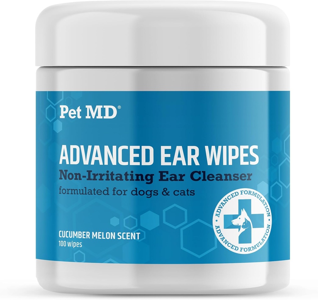 Pet MD Cat and Dog Ear Cleaner Wipes - Advanced Otic Veterinary Ear Cleaner Formula - Tratamiento de la infección del oído de perros - 100 cuenta