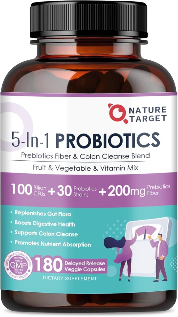 NATURE TARGET Probióticos para la Salud Digestiva de Mujeres-Men, Hombres-Mujeres Probiótico con Prebióticos, 100 millones de UFC para la Salud Gut e Immune, 180 cápsulas vegetales (90 días de suministro)