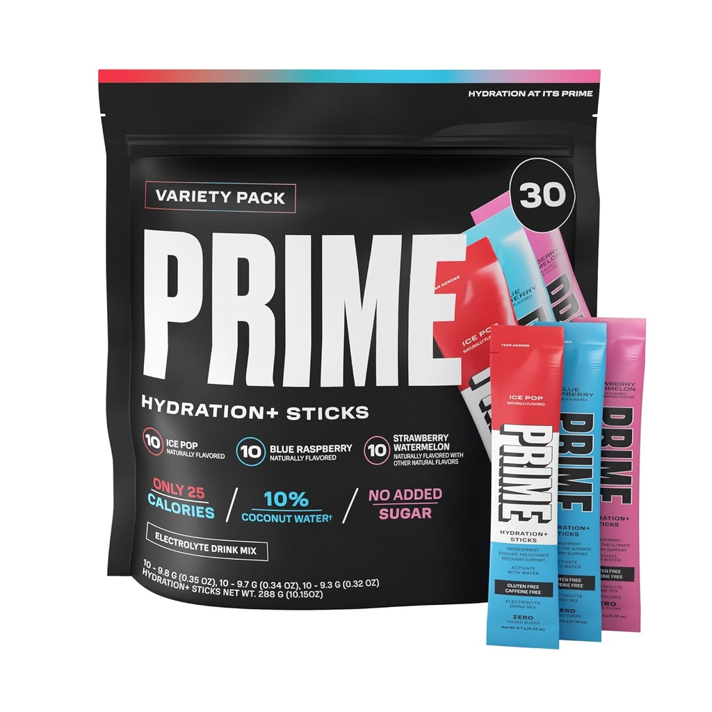 PRIME HYDRATION+ Sticks Variety Pack ← Hydration Powder Single Serve Sticks ← Electrolyte Powder On The Go ← Low Sugar ← Caffeine-Free TEN Vegan TEN 30 Sticks
