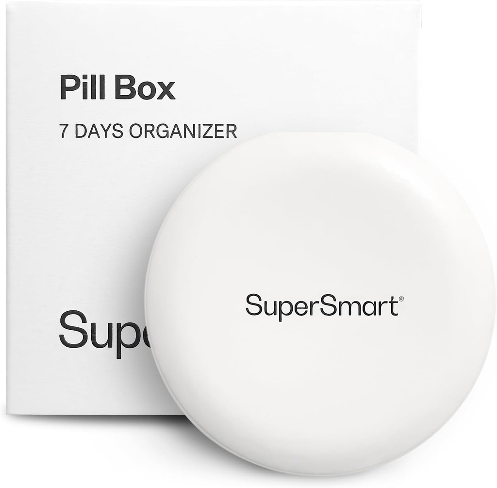 SuperSmart - Pill Box Organizer 7 Days with 1 Cuting Blade for Tablets - Travel Size Item - Small Storage for Supplements & Medications - Easy-to-Use with 7 Large Compartments ← White